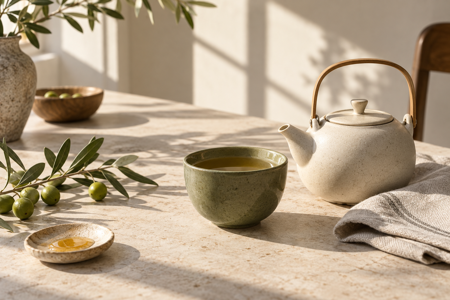 橄欖綠茶杯、白色茶壺與亞麻布的晨光靜物